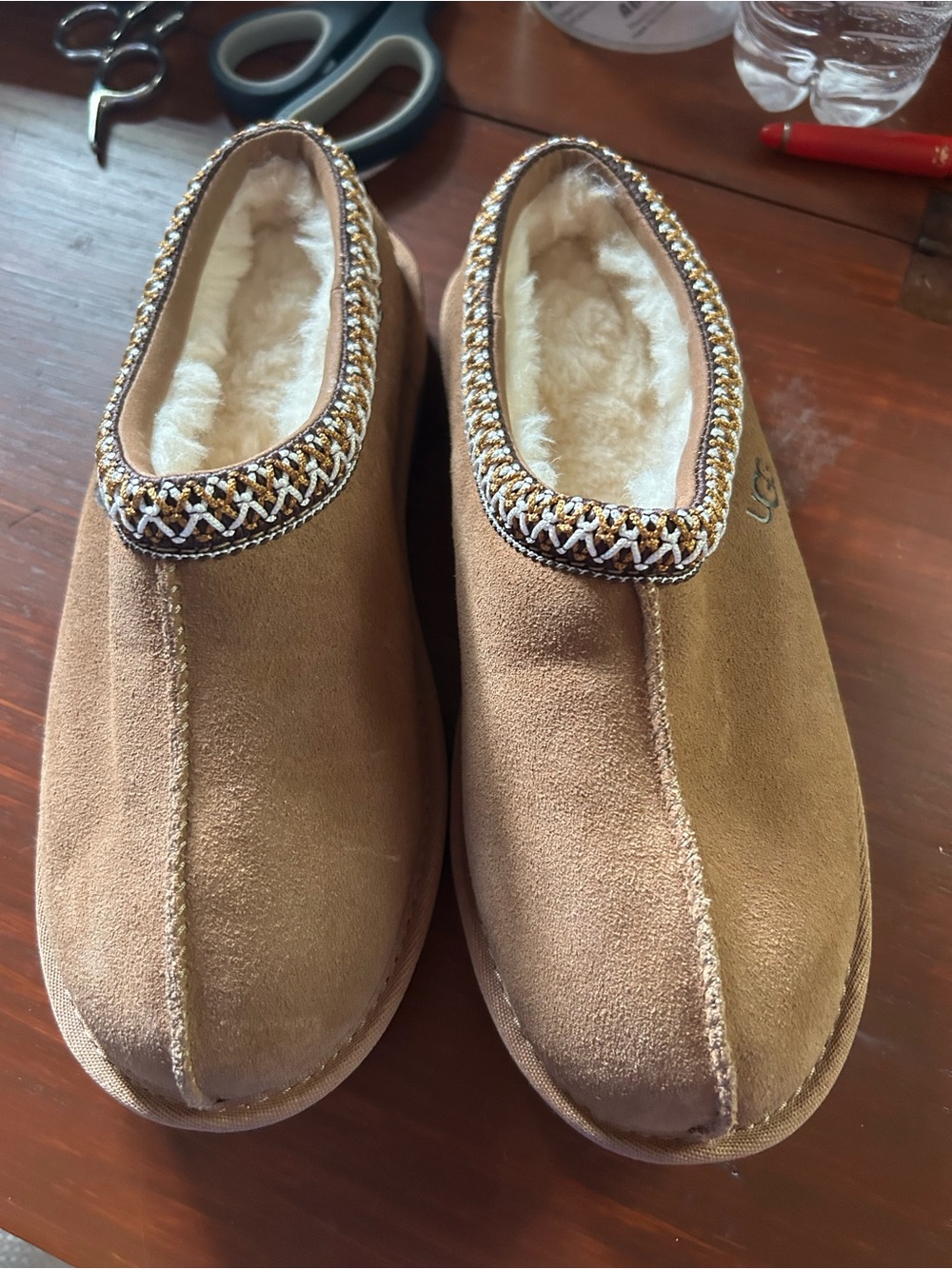 UGG Women's Chestnut/Tan Suede Shearling-Lined Slip-On Slippers